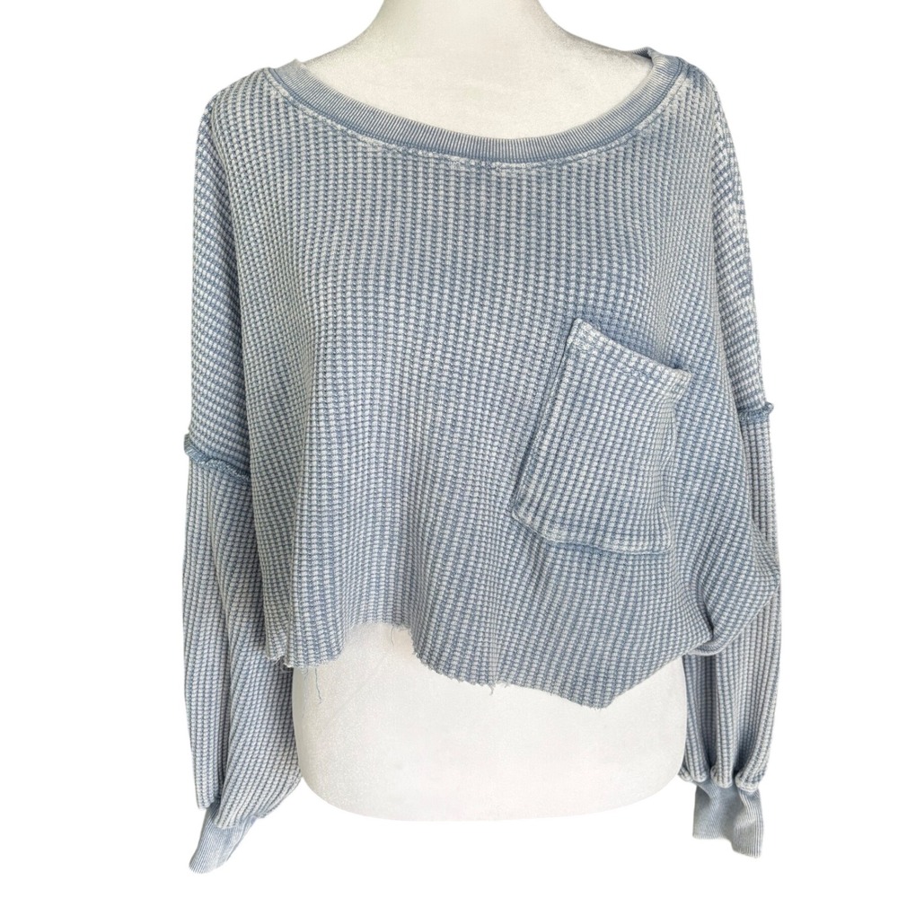 Altar'd State Blue Acid Wash Waffle Knit Cropped Thermal Top ST1317C Womens S